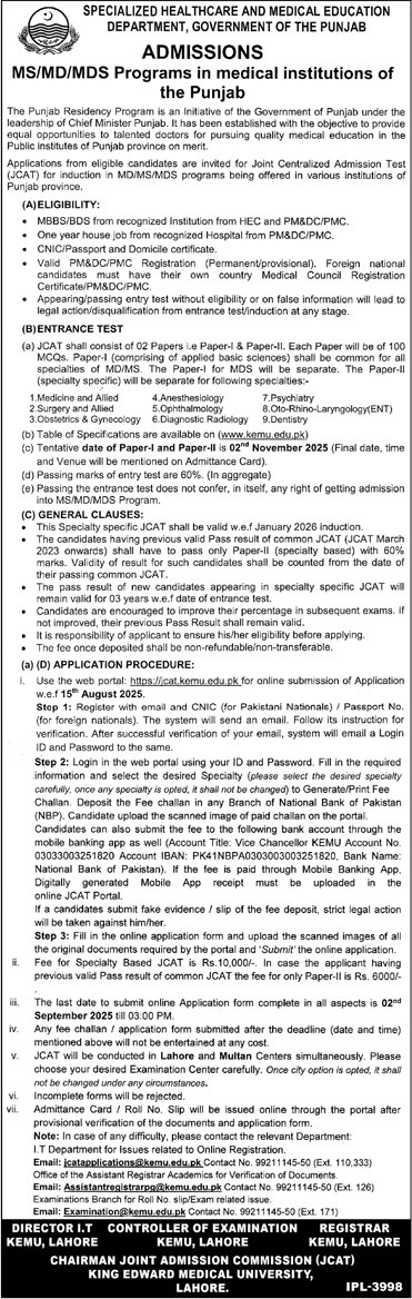 Admission Open in Specialized Healthcare & Medical Education Department Lahore